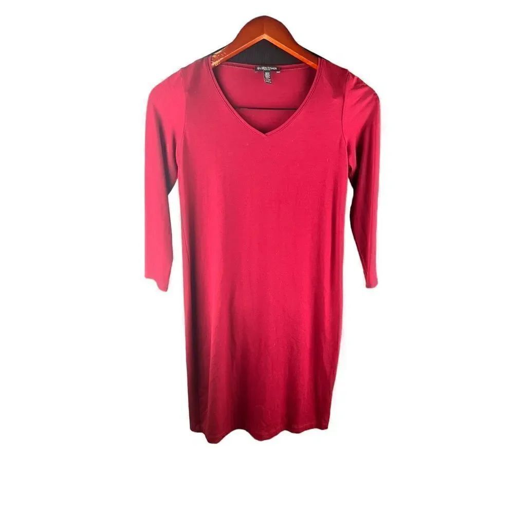 Eileen fisher red vneck jersey stretch knit 3/4 sleeve tunic dress size xs(0-2)